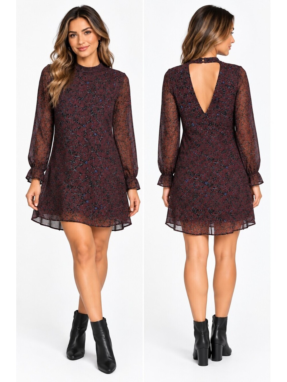 ASTR Burgundy Floral Print Long Sleeve Mini Dress with V-Back Detail, Size Small